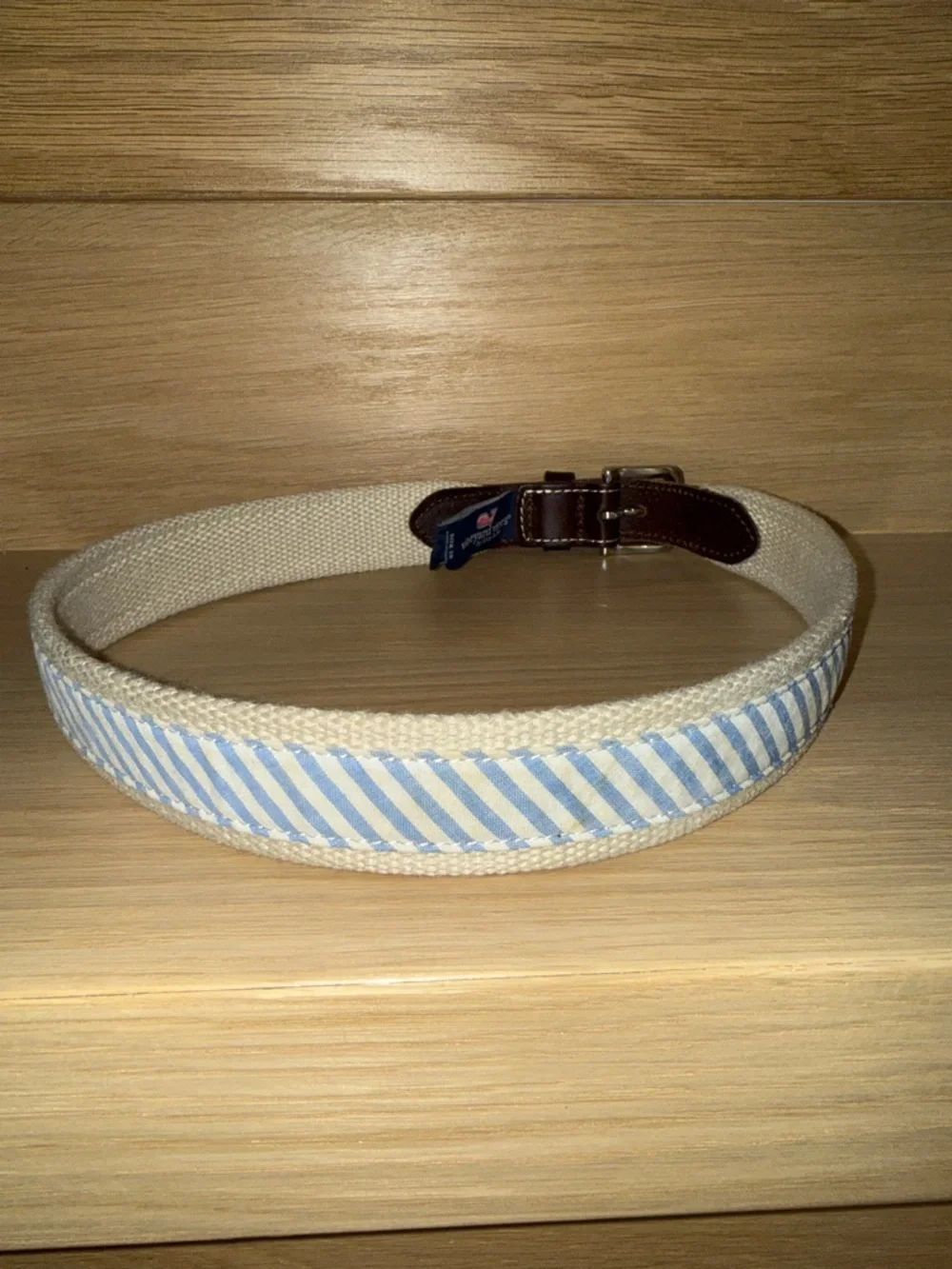 Vineyard Vines Boys Cream Canvas Belt with Blue Stripes and Brown Leather Sz 26